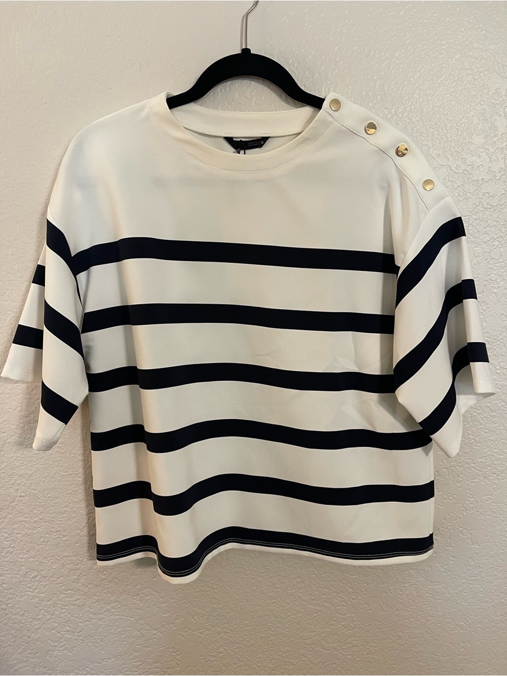 Zara Striped Nautical Button-Shoulder Boxy Top - Navy & White